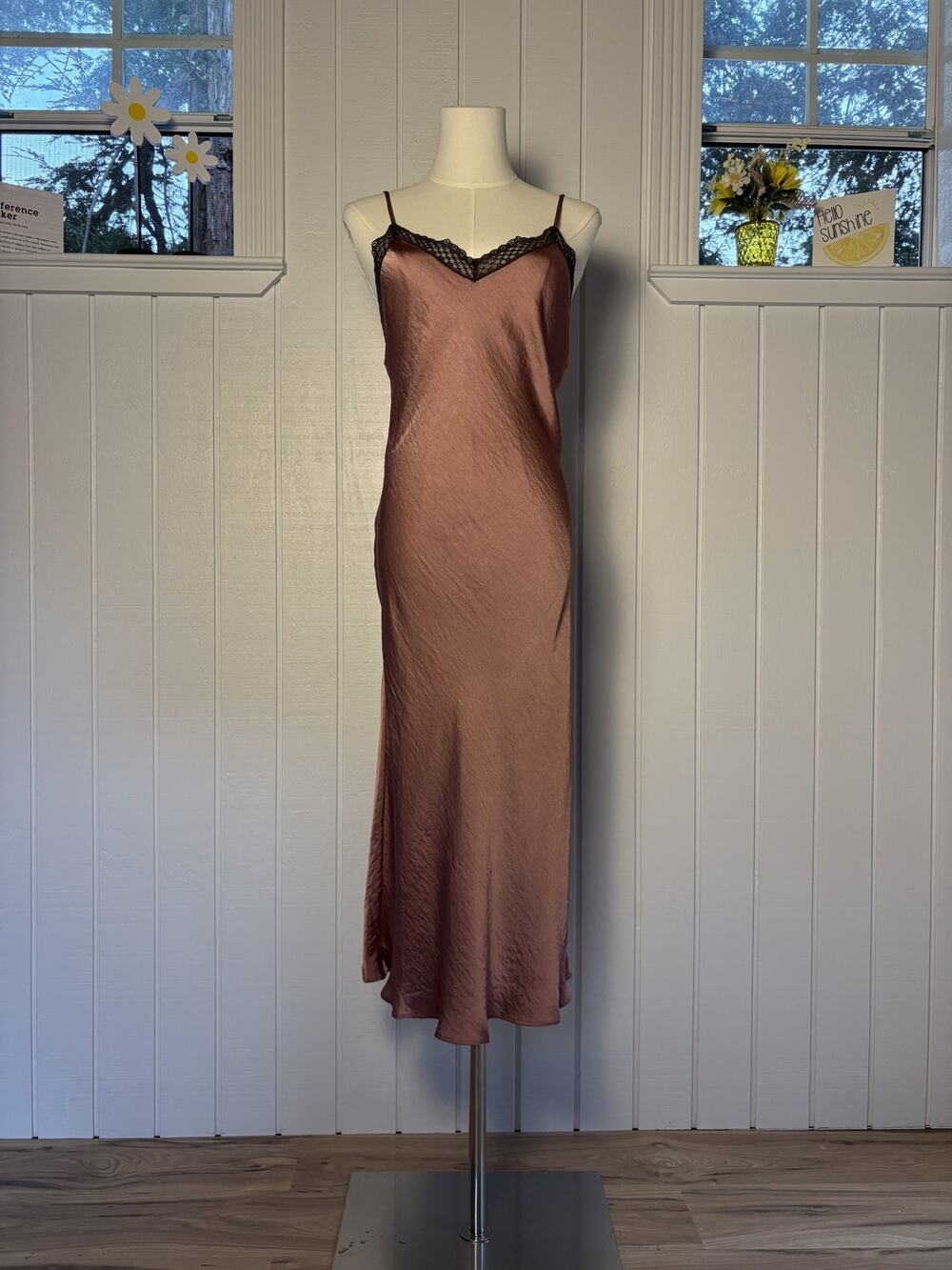 NWT Natori Ashley Satin Lace Slip Dress S 90s Lingerie Style Midi Gown